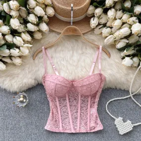 American Chic Camisole Bra Lace Hollow Out Female Camis Tank Top Sleeveless Mesh Sheer Corset Tops Women Clothes Dropshipping