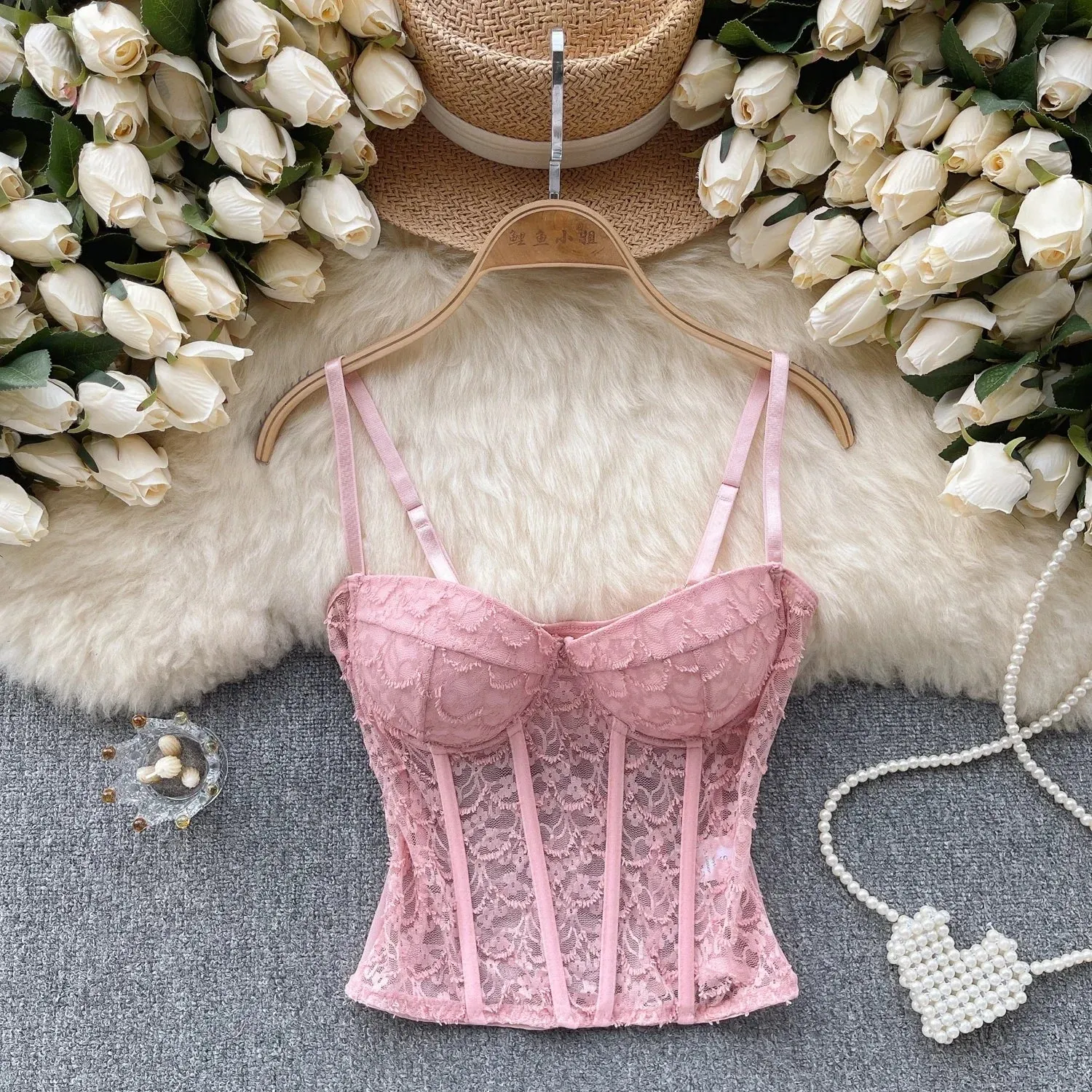 American Chic Camisole Bra Lace Hollow Out Female Camis Tank Top Sleeveless Mesh Sheer Corset Tops Women Clothes Dropshipping