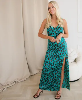 Green Leopard Ruched Bust Detail Maxi