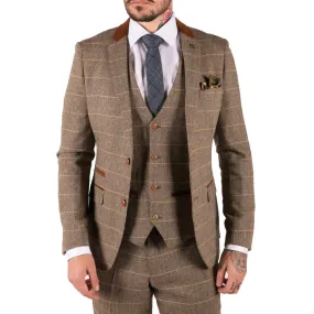 Mens Check Vintage Herringbone Tweed Tan Brown 3 Piece Suit Slim Fit Wedding